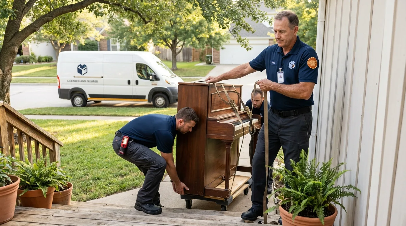 Licensed piano movers securing grand piano in Butner, NC